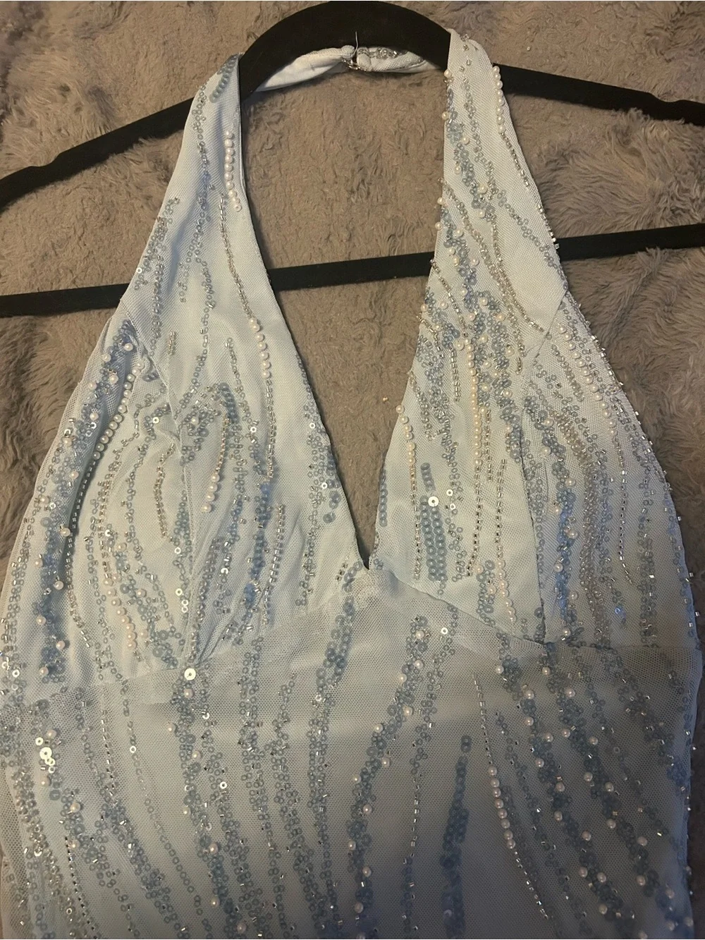 Light Blue Beaded Halter Prom Maxi Dress
